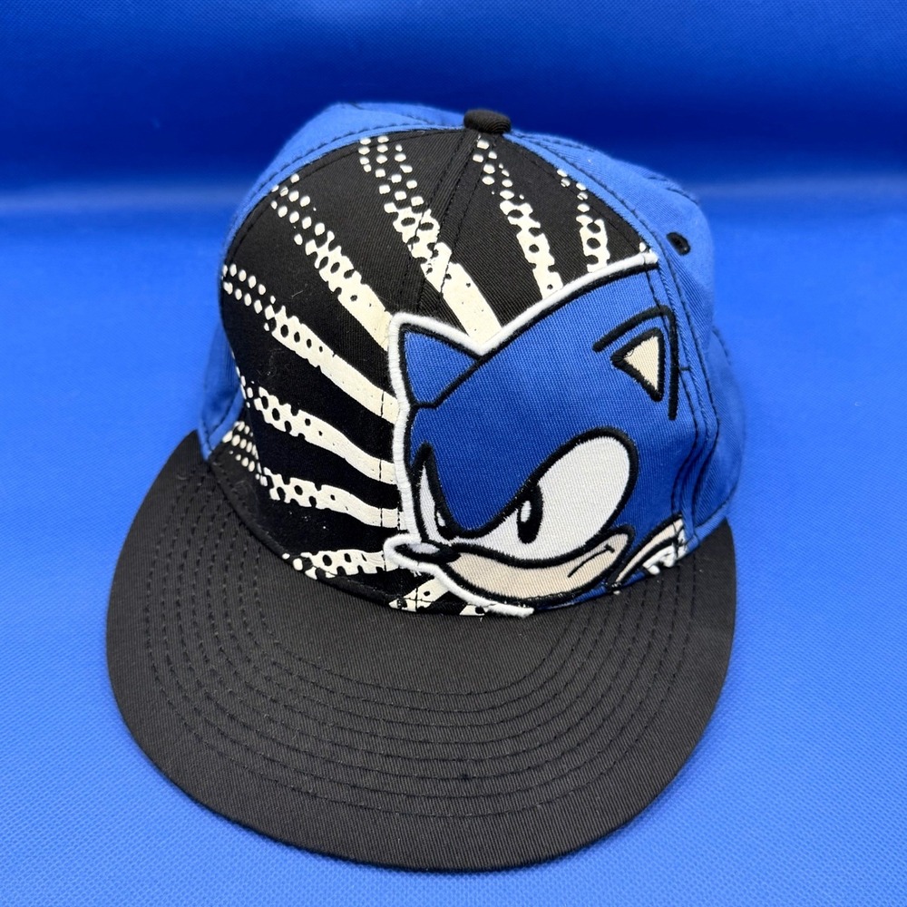 Sega Sonic the Hedgehog Blue Black Flat Brim Graphic Fitted Cap Hat Adult Small